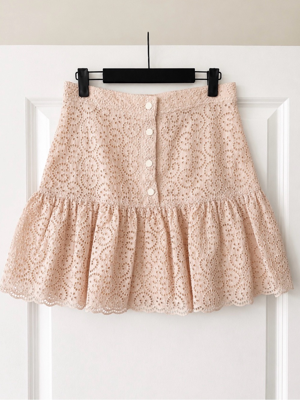 Sandro Cream Blush Eyelet Cropped Top & Mini Skirt Set Scalloped Small - Picture 13 of 15